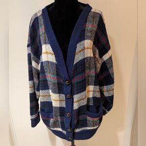 Vintage 1980s Men's Grandpa Sweater Hasting & Smith Plaid Acrylic Blue White